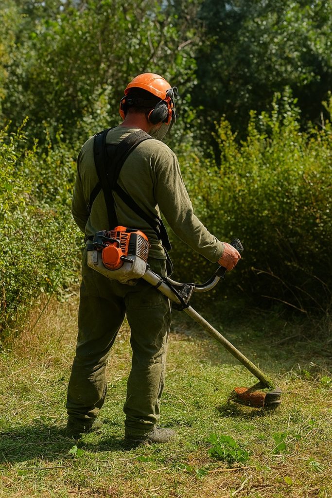 Homme entrain de débroussailler son terrain